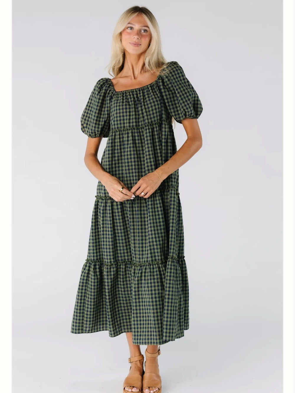 Called to Surf Green Gingham Puff-Sleeve Midi Dress